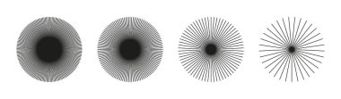Radyal çember çizgileri simgeleri. Dairesel çizgiler ayarlandı. Güneş ışınlarının sembolü. Düz tasarım çıkartmaları. Radyasyon saçan çizgili konuşmalar. Soyut illüzyon geometrik şekiller şablonlar.