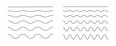 Dalgalı, kıvrımlı, zikzak çizgileri. Sınırları dalgalandırın, yatay çapraz çizgi koleksiyonu yapın. Sinüs, sıvı, hava, rüzgar işaretleri, şablon. Su, nehir, göl, deniz, okyanus sembolü, ikon. Özet grafik illüstrasyonu.