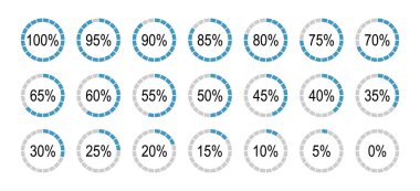 0 'dan 100' e kadar bilgi grafikleri için yuvarlak diyagramlar seti. Mavi, gri renkli, bölünmüş turta grafikleri göstergesi. Yüzdelik bilgi grafiği minimalist elementler. Çember grafik yükleme işlemi.