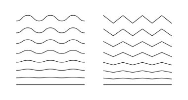 Dalgalı, kıvrımlı, zigzag minimalist çizgiler. Sınırları dalgalandırın, enine yatay çizgi. Sinüs, sıvı, hava, rüzgar işaretleri. Su, nehir, göl, deniz, okyanus sembolü. Özet ince grafik illüstrasyonu.