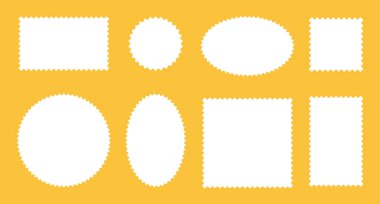 Posta pulu şablon çerçeveleri kümesi. Kartpostallar, mektuplar için arka planlar. Boş vintage damga. Çember, dikdörtgen etiketler, etiketler, kuponlar, kutular, çıkartmalar, kıvrımlı, kıvrımlı, dalgalı kenarları olan postalar.