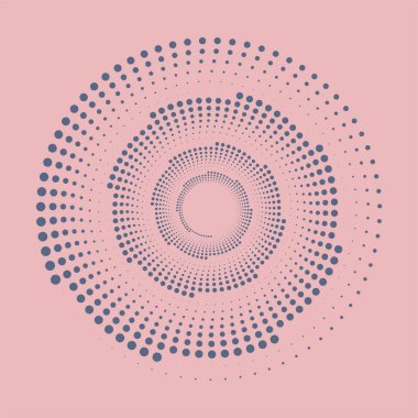 Noktalı dairesel logo. Optik illüzyon arka planı. Yarı renkte kumaş tasarımı. Yarım tonluk daire dokuyu noktalar. Optik sanat duvar kağıdı. Çeşitli amaçlar için vektör tasarımı ögesi. 