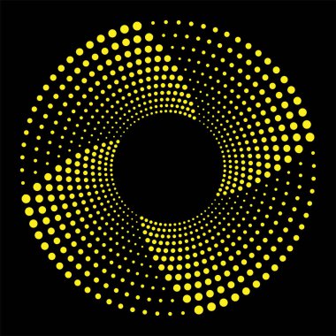 Sarı soyut rastgele noktalar, logo amblemi, tasarım elemanları olan yarım tonluk daire vektör çerçevesi. Optik sanat. Yarım ton daire noktaları kullanarak kenarlık simgesini yuvarla. Optik illüzyon arka planı.
