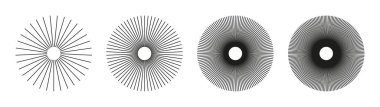 Radyal çember çizgileri. Güneş ışınlarının sembolü. Dairesel çizgiler elementler. Düz dizayn elementleri. Radyasyon saçan şerit koleksiyonu olan konuşmalar. Soyut geometrik şekiller desenler.