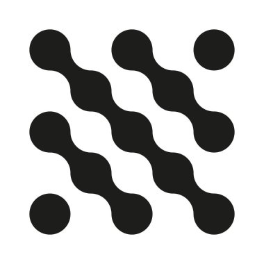 Metaball simgesi. Noktaları birleştirme işareti. Nokta hareketi örneği. Birbirine bağlı damlalar. Metal geçişi. Düz logo. Bütünleşme soyut bir sembol. Çember deseni.