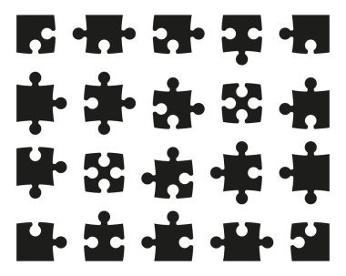 Bir takım siyah parçalar yapboz simgeleri. Yapboz parçaları siluet şablonu. Konsept çizimler için yapboz örneği. Düz bulmaca beyaz arkaplanda izole edildi.