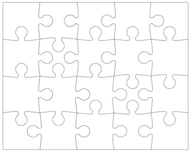Bulmaca parçalarının dikdörtgen hatları beyaz arka planda izole edilmiş. Açılı yapboz oyunu şablonu. Yapboz parçalarını özetler, ayarlanabilir ve düzenlenebilir.