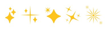 Beyaz arka planda parıldayan altın yıldızlar. Parlak sarı yıldız sembolleri. Retro simgeleri parlat. Göz kırp, güneş patlaması yıldız şekilleri. Sihirli ışık parlaması, parlak yıldız desenleri. Parlayan parıltı.