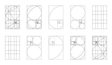 Altın oran şablonu büyük set. Yöntem altın kesit örnekleri. Fibonacci dizisi, sayılar oluşuyor. Uyum, siyah çerçeveleri orantılandırır. Beyaz arkaplanda çizilmiş ince çizim.