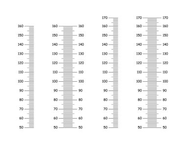 Yükseklik çizelgeleri 50 'den 160' a, 170 santimetre. Duvar büyüme etiketi için şablonlar. Metre duvarı ya da büyüme cetveli. Beyaz arkaplanda grafik çizimi.