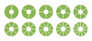 2 'den 11 eşit parçaya kadar bilgi çemberi bölümü açık. İki, üç, dört, beş, altı, yedi, sekiz, dokuz, on, on bir segmente sahip yuvarlak yeşil diyagramlar kümesi. Boş şablonlar çalıştırılıyor.