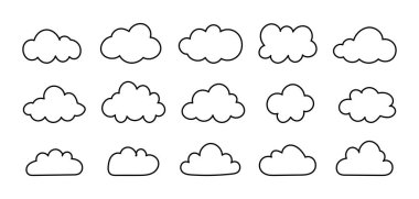 Taslak bulutlar. Kabarık, kümülüs düz bulutlar. Kabarık bulutlar dağıldı. Bulutlu, siyah hatlarda örnekler oluşturur. Hava elementi basit şablonlar. Elle çizilmiş şirin ikonlar. Nesneler bulutlu görüntü modellemeleri.