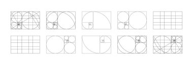 Altın oran örnekleri. Fibonacci dizisi, sayılar oluşuyor. Ahenk oranları siyah çerçeveler büyük set. Yöntem altın kesim düz simgeler. Altın spiral desenler. Çizgi grafiği ince yazdırılabilir çizimler.