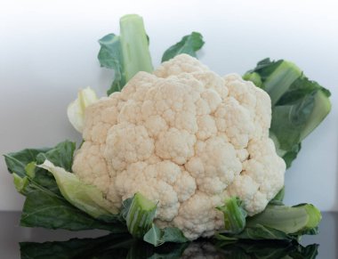 Yaz hasadının beyaz arka planının önünde taze bir karnabahar..