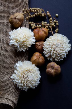 Kurumuş desenli çiçekler, tohum kabukları ve çuval bezi dalları.