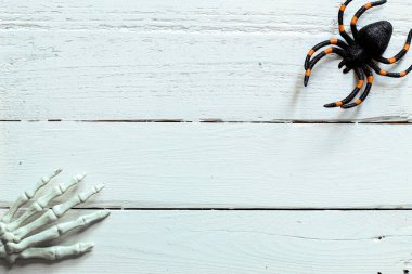 Cadılar Bayramı örümceği ve iskelet süslemeleri beyaz ahşap sırtta