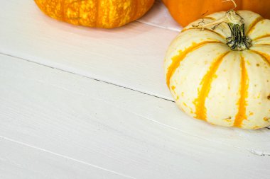 Balkabaklarını beyaz ahşap yüzeye düşür