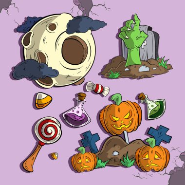 Cadılar bayramı festivali için vektör karikatür illüstrasyonunda bir grup cadılar bayramı öğesi koleksiyonu