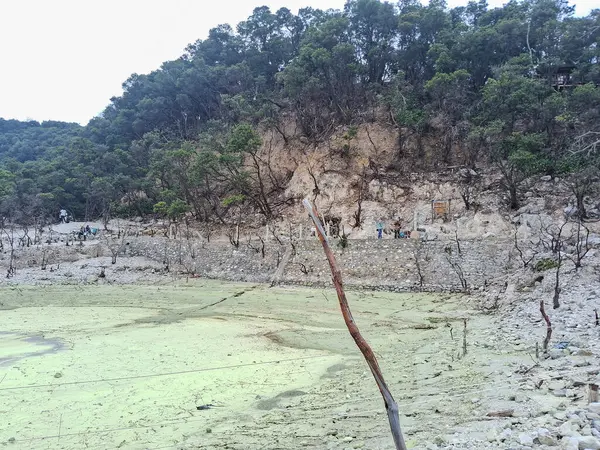 Sülfür gölünün büyüleyici manzarası ve Bandung, Kawah Putih 'deki ahşap yürüyüş yolu. Bu volkanik krater gölü, engebeli tepeler ve uçurumlarla çevrili, eşsiz ve başka dünyalara ait bir manzara yaratır..