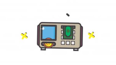İçinde bir dolar olan bozuk para makinesinin animasyonu. Finansal kavramlar, tasarruflar, yatırımlar, para işlemleri ve bankacılık çizimleri için idealdir. Alfa kanalı sadece 4k.
