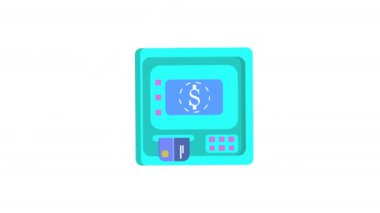 Dolar işareti, kart yuvası ve düğmeleri olan Mavi ATM animasyonu. Tasarım ve sunumlarda finans, bankacılık, teknoloji kavramları için uygundur. 4k alfa kanalı