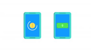 Para transferi yapan iki telefon, dijital pazarlama ve reklam kampanyalarında finans ve bankacılık kavramları için ideal. 4k Alfa Kanalı