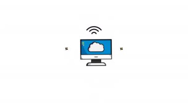 Bilgisayar monitörünün Wi-Fi sinyali ile bulut simgesini görüntülediği animasyon. Tasarım projelerinde teknoloji, internet, bağlantı ve bulut depolama kavramları için uygundur. 4k Alfa Kanalı