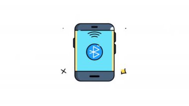 Bluetooth sembolünü gösteren mavi ekranlı akıllı telefonun animasyonuna kablosuz bağlantıyı temsil eden üç kıvrımlı hat eşlik ediyor. Telefonun koyu mavi bir çerçevesi ve dekoratif unsurları var. 4k alfa kanalı.
