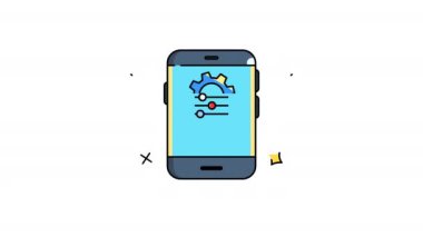 Üstte mavi vites simgesini gösteren, ayarları veya yapılandırmayı sembolize eden mavi ekranlı akıllı telefon. 4k alfa kanalı