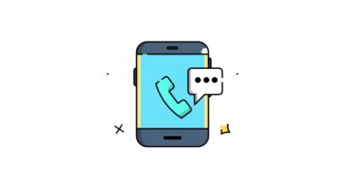 Mavi ekranlı akıllı telefon. Ekranda, yeşil bir telefon ahizesinin bir simgesi var, çağrıyı işaret ediyor. Cep telefonu simgesinin yanında üç noktalı bir konuşma balonu var. 4k alfa kanalı