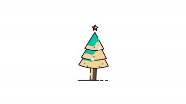 Noel ağacı, yıldız, ışık ve tatil tebrik kartları, mevsimlik sosyal medya paylaşımları ve şenlikli dekorasyonlar için uygun karla süslenmiş. 4k animasyon