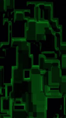 Siyah üzerine soyut yeşil kareler deseni. Dijital animasyon arkaplanları, baskı tasarımları, sosyal medya grafikleri ve web sitesi ögeleri için ideal.