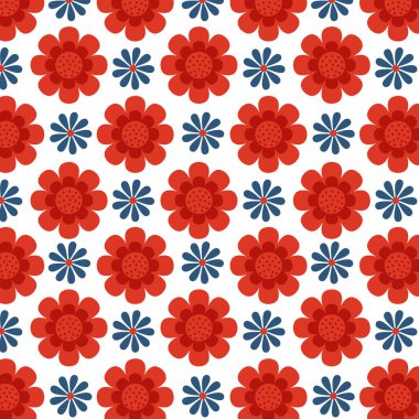 Moda, giysi, tekstil, durağan, ambalaj ve diğer baskılar için beyaz zemin üzerinde turuncu ve mavi çiçekli kusursuz çiçek vektör deseni.