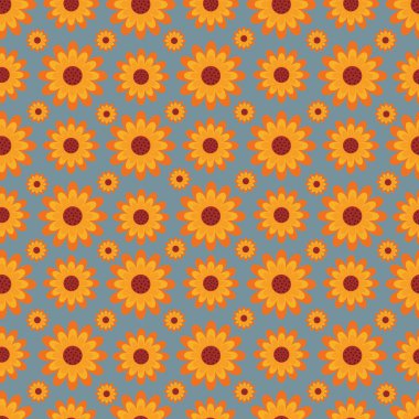 Moda, tekstil, kumaş, duvar kağıdı ve diğer baskılar için mavi arka planda sarı çiçekli kusursuz çiçek deseni. Çiçek vektör deseni.