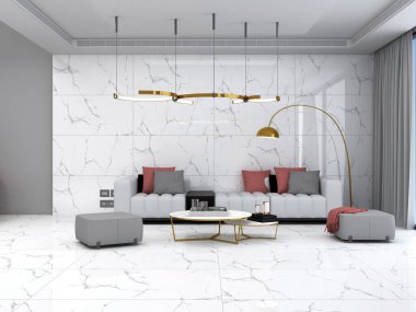 Beyaz mermer zeminli muhteşem, aydınlık bir oturma odası sofistike bir altın lamba, renkli yastıklı gri bir kanepe ve hoş manzaraya bakan bir pencere. 3B Hazırlama