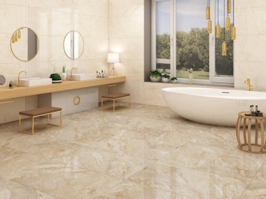 Çağdaş geniş banyosunun içinde çift taraflı aynalar, kare lavabo, beyaz küvet, yanında asılı ışıklar, yanında pencere ve üç farklı büyüklükte saksı. 3B Hazırlama