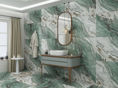 Yeşil mermerli lüks banyo, üzerinde oval ayna olan bir lavabo, asılı bir lamba, bir bornoz, konforlu büyük bir pencere ve temayı tamamlamak için seramik kaplar içeriyor. 3B Hazırlama
