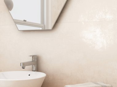 İçinde bej döşeme, lavabo, ayna ve birkaç tuvalet malzemesi olan rahat bir banyo köşesi. 3B Hazırlama