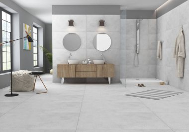 Lüks banyonun içi açık gri mermer döşeme ve duvarla kaplı, ahşap mobilyalarda beyaz havzalar, dairesel aynalar, daha fazla duş alanı, mükemmel pencere manzarası, estetik olarak memnun edici ışık & dcor. 3B Hazırlama