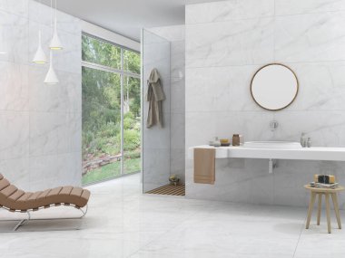 A lavish bathroom with glossy white marble, basin and round classy mirror above it, hanging bathrobe next to a window, and a sophisticated light fixture and tiny table with toiletries. 3D Illustrations. 3D Rendering