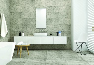 Duvarlarında ve zemininde gri fayanslar olan bir banyonun içi, beyaz bir küvet, beyaz bir lavabo, ve üzerinde bir ayna, aynı zamanda çeşitli mobilyalar. Üç boyutlu çizimler. 3B Hazırlama