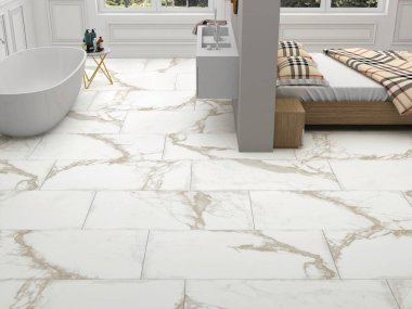 Lüks yatak odasının iç kısmında beyaz mermer döşemeli bir banyo, güzel manzaralı pencereli rahat bir yatak var. Banyoda da beyaz bir küvet var, üzerinde de lavabo aynası. 3B Hazırlama