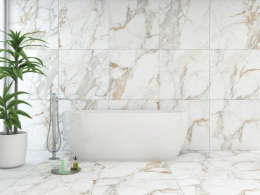 Beyaz mermer döşemeleri ve tezgahları olan lüks bir banyonun içinde. Pencerenin yanında beyaz bir küvet, arka bahçesi manzaralı, temiz hava için taze bitki, ve diğer tuvalet malzemeleri. 3B Hazırlama