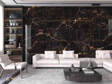 Duvarında siyah mermer olan zarif bir yaşam alanı, uzun beyaz bir kanepe, kanepenin önünde bir sehpa, aksesuarlar için bir raf ve tasarımı tamamlamak için dekoratif ışıklar. 3B Hazırlama 