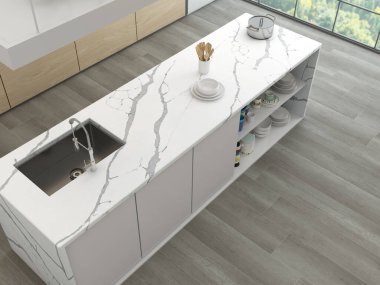 Modern mutfak tasarımı için geniş açılı bir bakış açısı. 3B Hazırlama