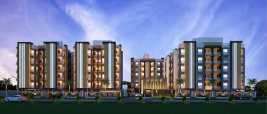 Apartman binasının mimari kompleksindeki AB Çam ağacı. Ve açık hava tesisleri. 3B Hazırlama