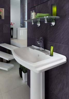 Damar lavabosu ve dekor elementleriyle modern banyo. 3B Hazırlama