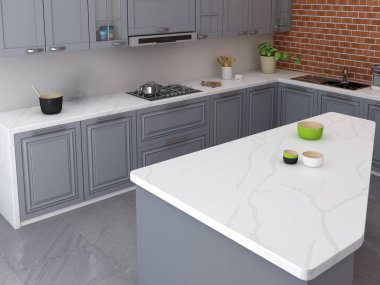 Interior of the kitchen features a stainless steel washing sink, a money plant in a ceramic top in the corner for freshness, two white marble countertops, gray shelves for additional storage. 3D Rendering clipart