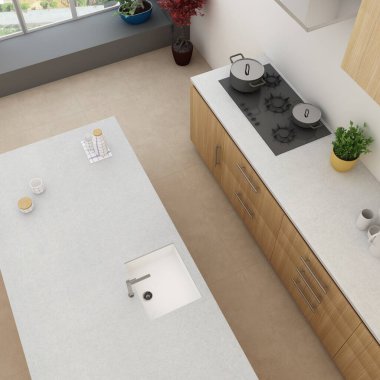 Geniş, çağdaş bir çiftlik evi mutfağı. Pencereleri, duvarları, beyaz duvarları, dolapları, tezgahları, bar tabureleri, yemek tezgahları, ayrıca altın ışıklı eşyalar, paslanmaz aletler. 3B Hazırlama