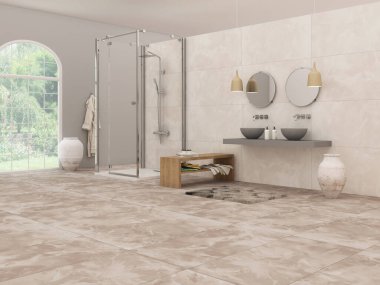 Zeminde bej mermer, küvet, havlu ve diğer kişisel banyo aksesuarları olan şık tasarımla lüks bir banyo. Modern görkemli iç mekan konsepti. Çatı penceresi. 3B Hazırlama